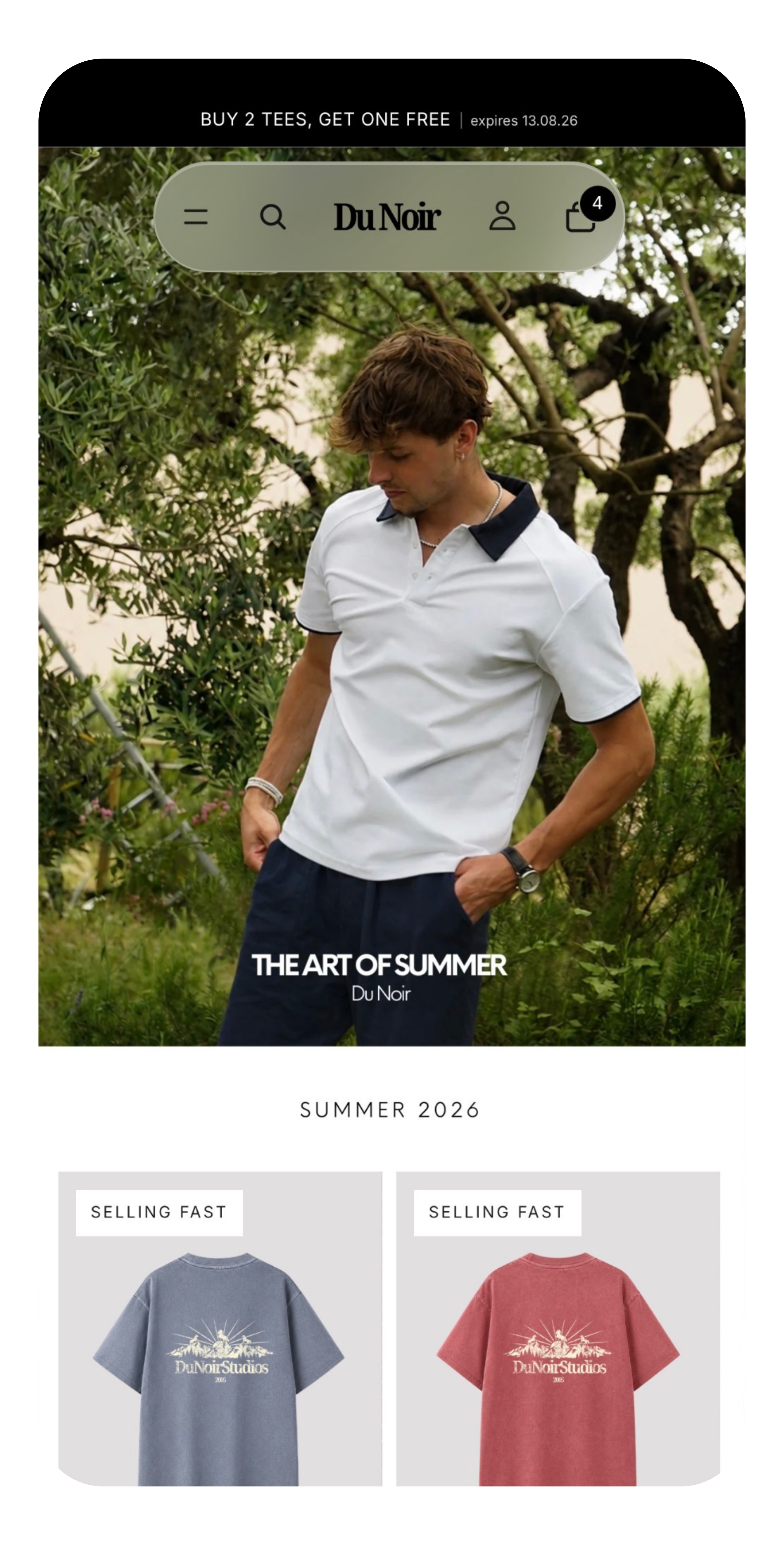 Du Noir fashion website displayed on mobile