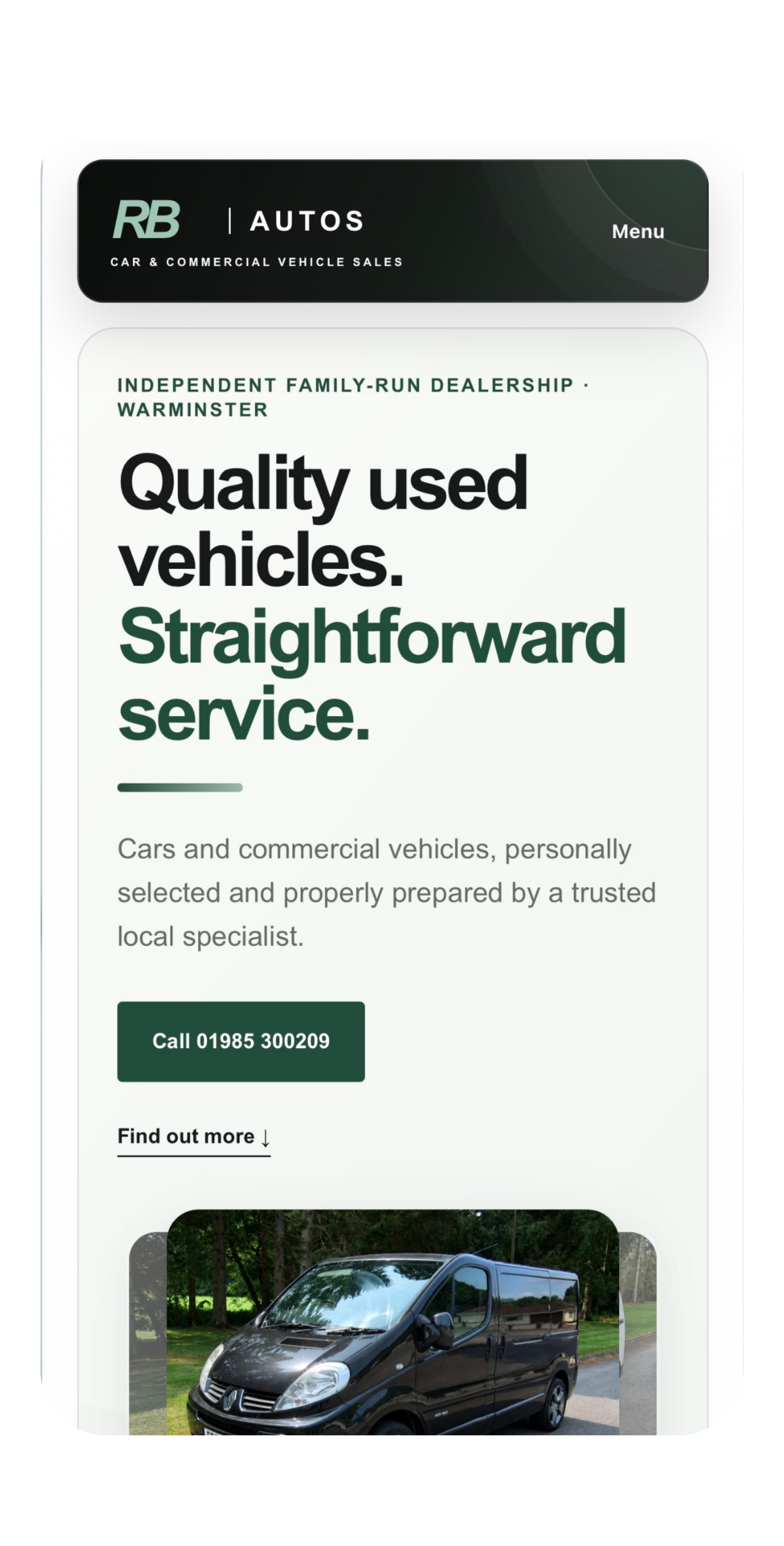 RB Autos dealership website displayed on mobile